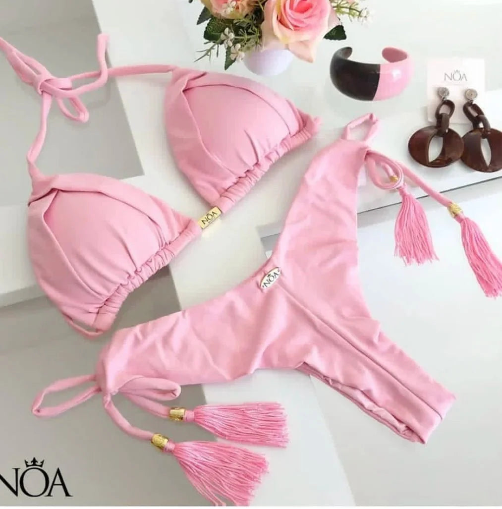 2024 New Sexy Triangle Bathing Suit for Women Brazilian Bikinis Halter Swimwear Push Up Swimsuit Metal Chain Beach Bikini Set