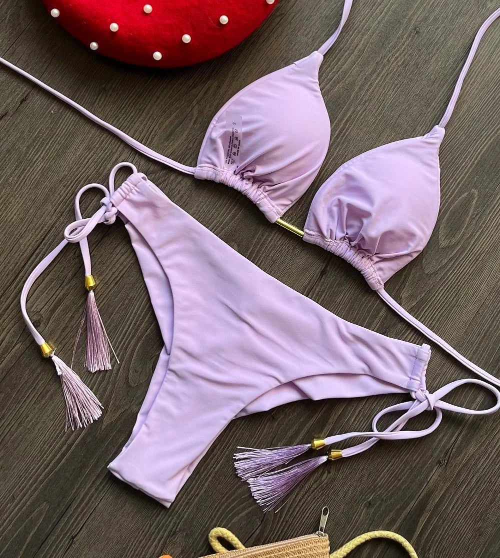 2024 New Sexy Triangle Bathing Suit for Women Brazilian Bikinis Halter Swimwear Push Up Swimsuit Metal Chain Beach Bikini Set