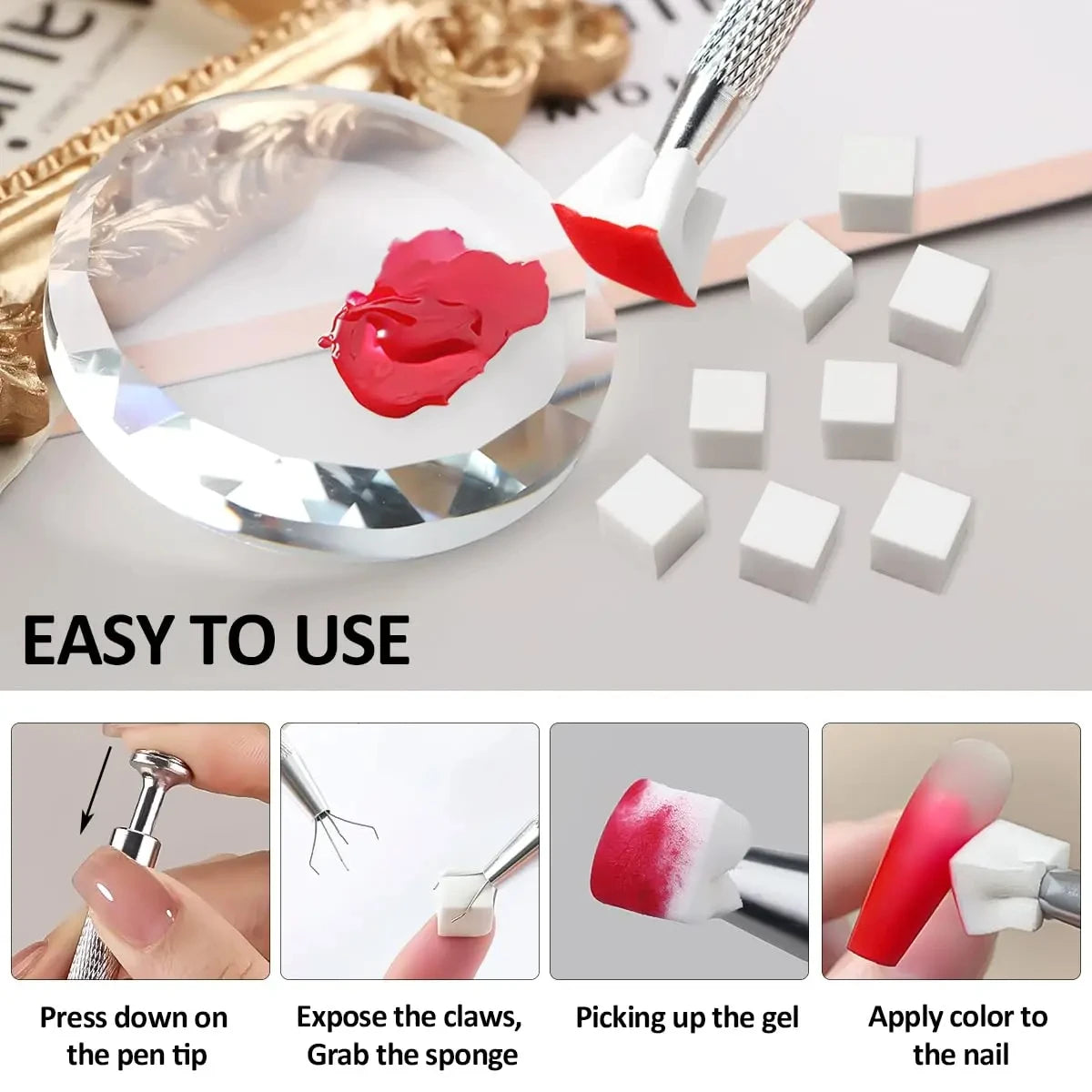 Mini Square Nail Art Sponge With 4 Prongs, Metal Pliers Set,