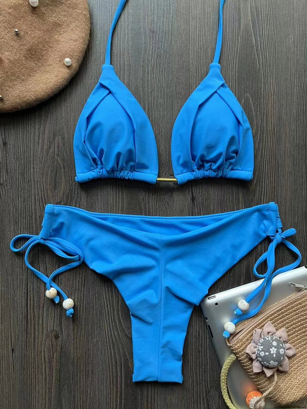 2024 New Sexy Triangle Bathing Suit for Women Brazilian Bikinis Halter Swimwear Push Up Swimsuit Metal Chain Beach Bikini Set
