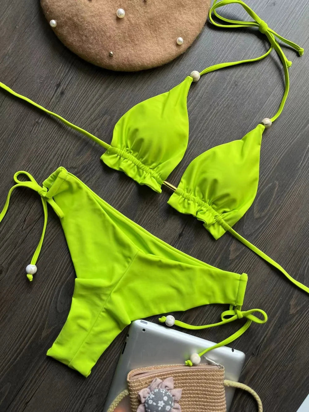 2024 New Sexy Triangle Bathing Suit for Women Brazilian Bikinis Halter Swimwear Push Up Swimsuit Metal Chain Beach Bikini Set
