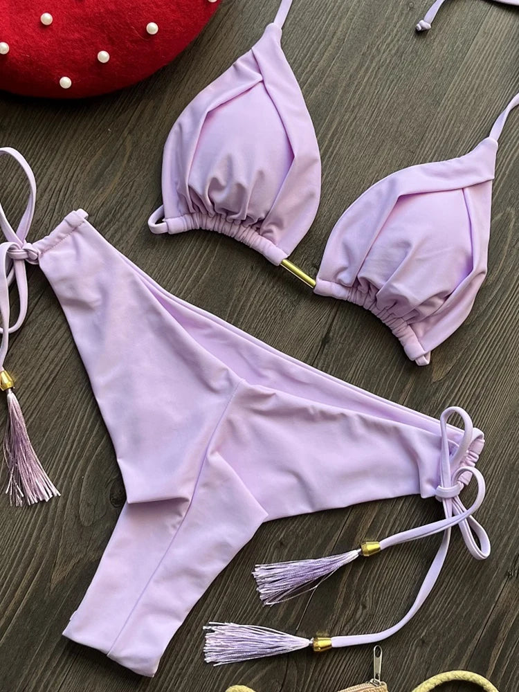 2024 New Sexy Triangle Bathing Suit for Women Brazilian Bikinis Halter Swimwear Push Up Swimsuit Metal Chain Beach Bikini Set