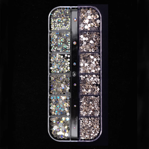 12 Grids Clear Mixed Sizes Nail Art Rhinestones Crystal 3D Glitter Non