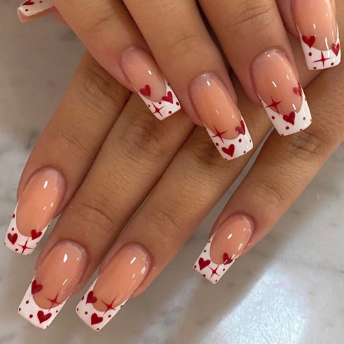 24 PCs Long Almond Shaped French Heart Nails with 1 Jelly Gel and 1