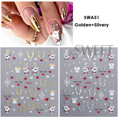 2pcs Gold Silver Christmas 3D Nail Stickers Reflective Glitter Xmas