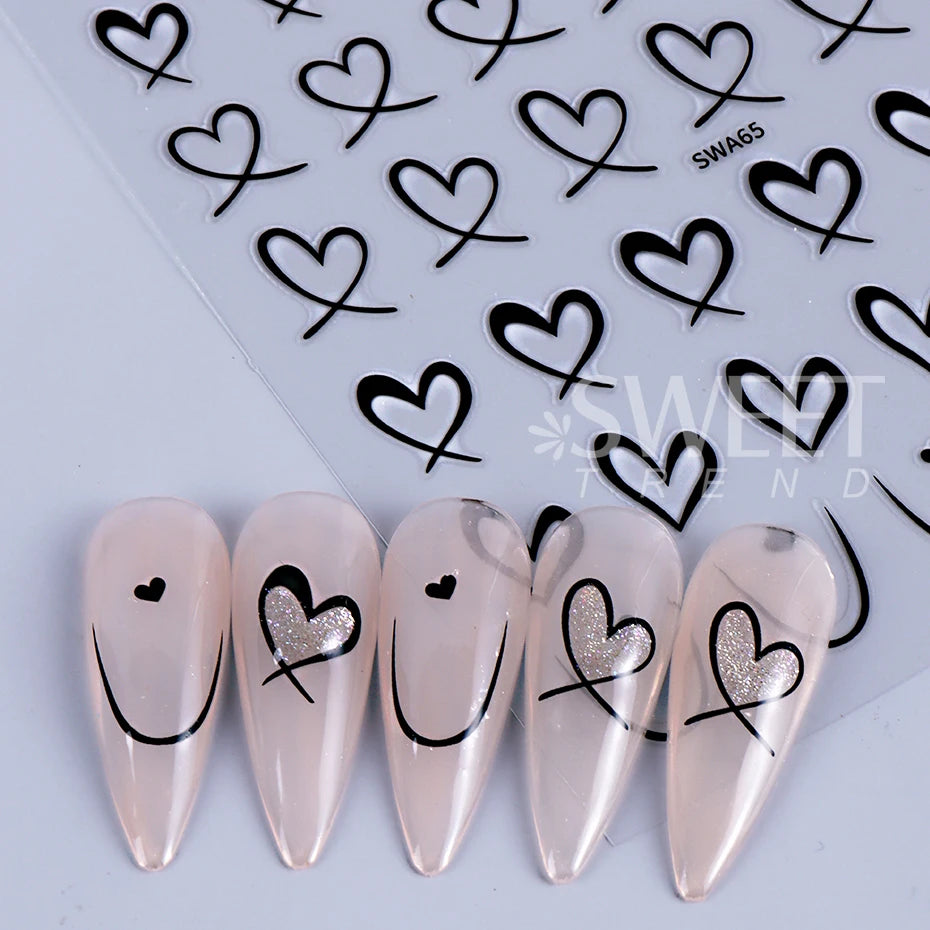 3pcs Valentine's Day Nail Art Stickers 3D Black White Pink Lines Love