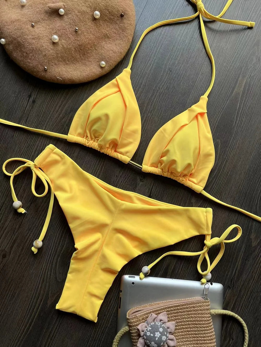 2024 New Sexy Triangle Bathing Suit for Women Brazilian Bikinis Halter Swimwear Push Up Swimsuit Metal Chain Beach Bikini Set