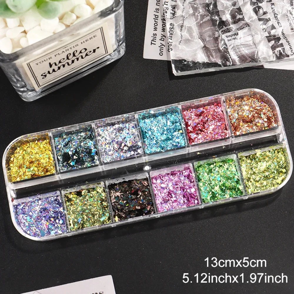 12 Grids Holographic Glitter Nail Art Sequins Sparkly Irregular Nail