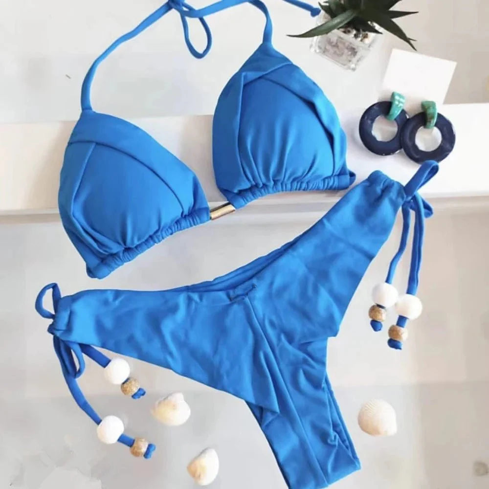 2024 New Sexy Triangle Bathing Suit for Women Brazilian Bikinis Halter Swimwear Push Up Swimsuit Metal Chain Beach Bikini Set