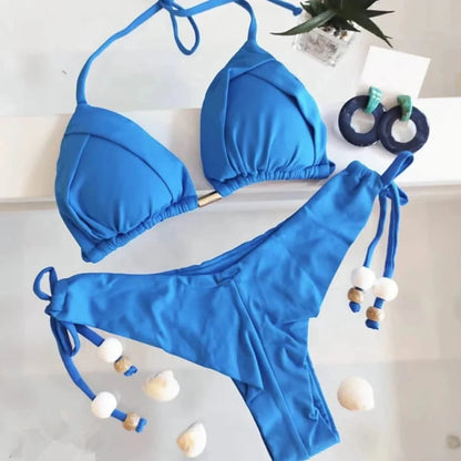 2024 New Sexy Triangle Bathing Suit for Women Brazilian Bikinis Halter Swimwear Push Up Swimsuit Metal Chain Beach Bikini Set
