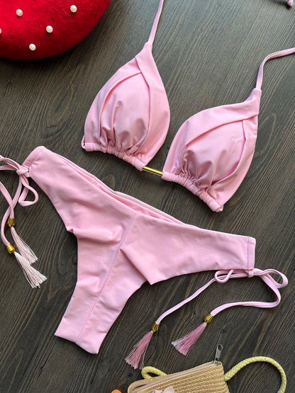 2024 New Sexy Triangle Bathing Suit for Women Brazilian Bikinis Halter Swimwear Push Up Swimsuit Metal Chain Beach Bikini Set