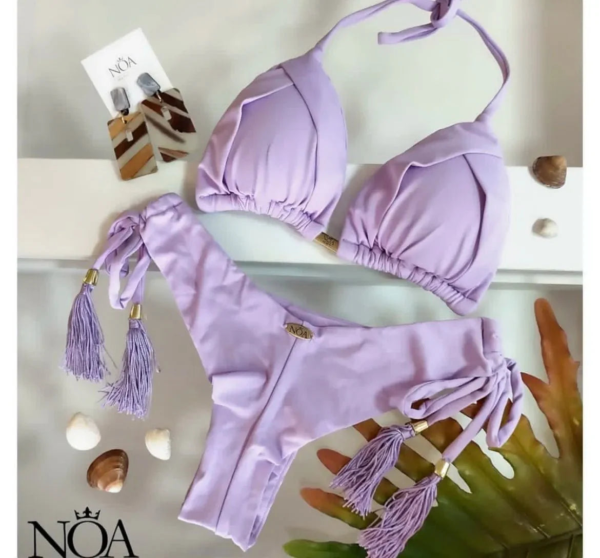 2024 New Sexy Triangle Bathing Suit for Women Brazilian Bikinis Halter Swimwear Push Up Swimsuit Metal Chain Beach Bikini Set