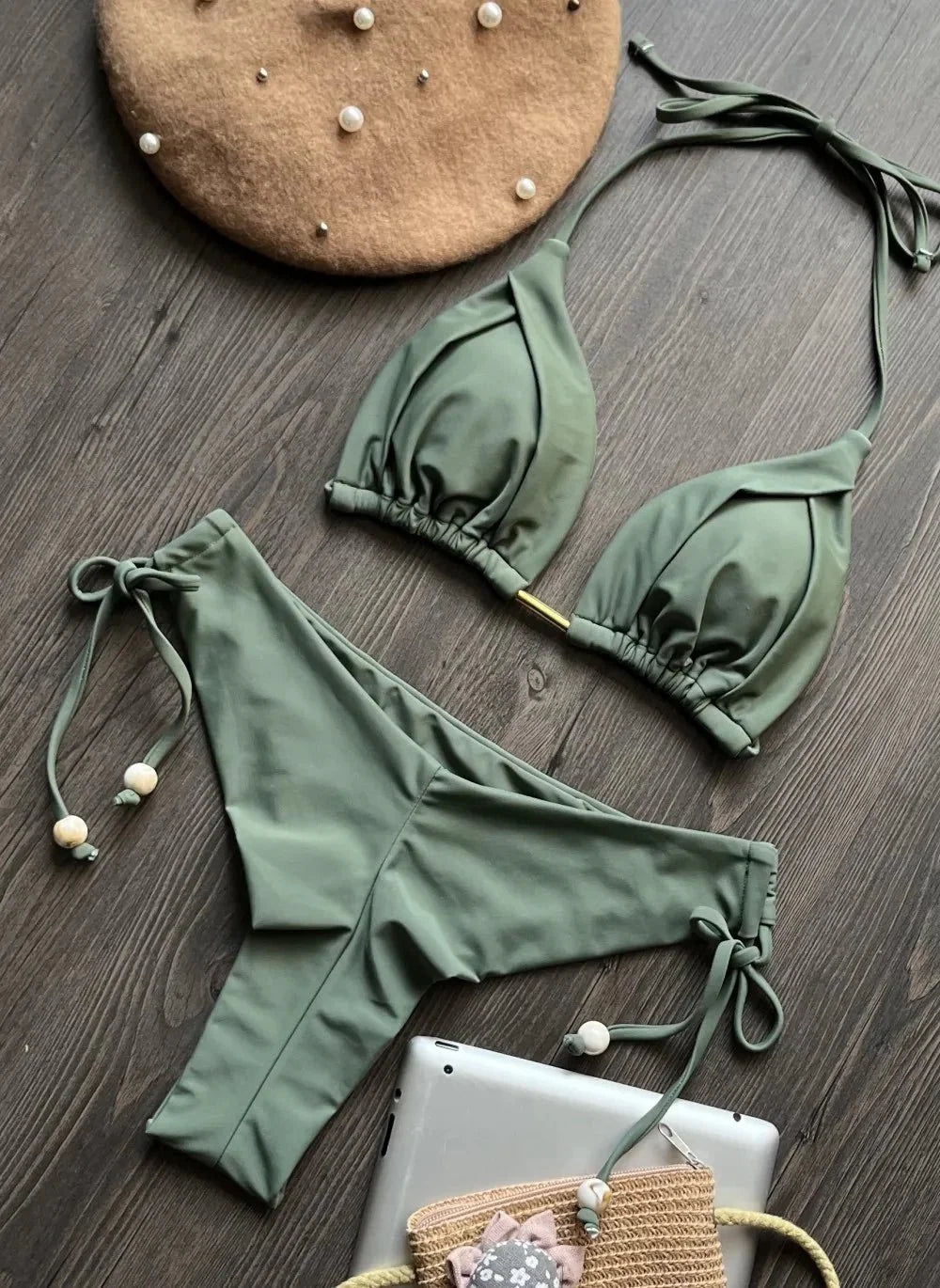 2024 New Sexy Triangle Bathing Suit for Women Brazilian Bikinis Halter Swimwear Push Up Swimsuit Metal Chain Beach Bikini Set