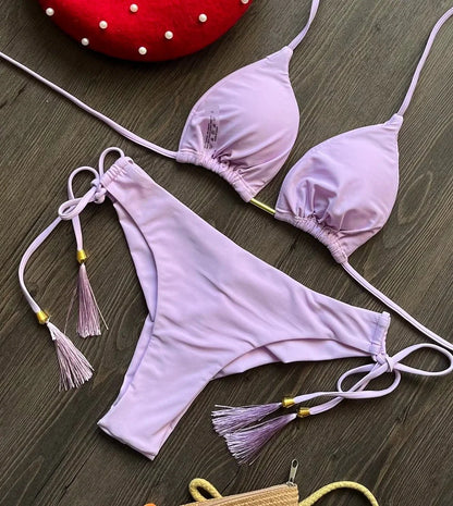2024 New Sexy Triangle Bathing Suit for Women Brazilian Bikinis Halter Swimwear Push Up Swimsuit Metal Chain Beach Bikini Set