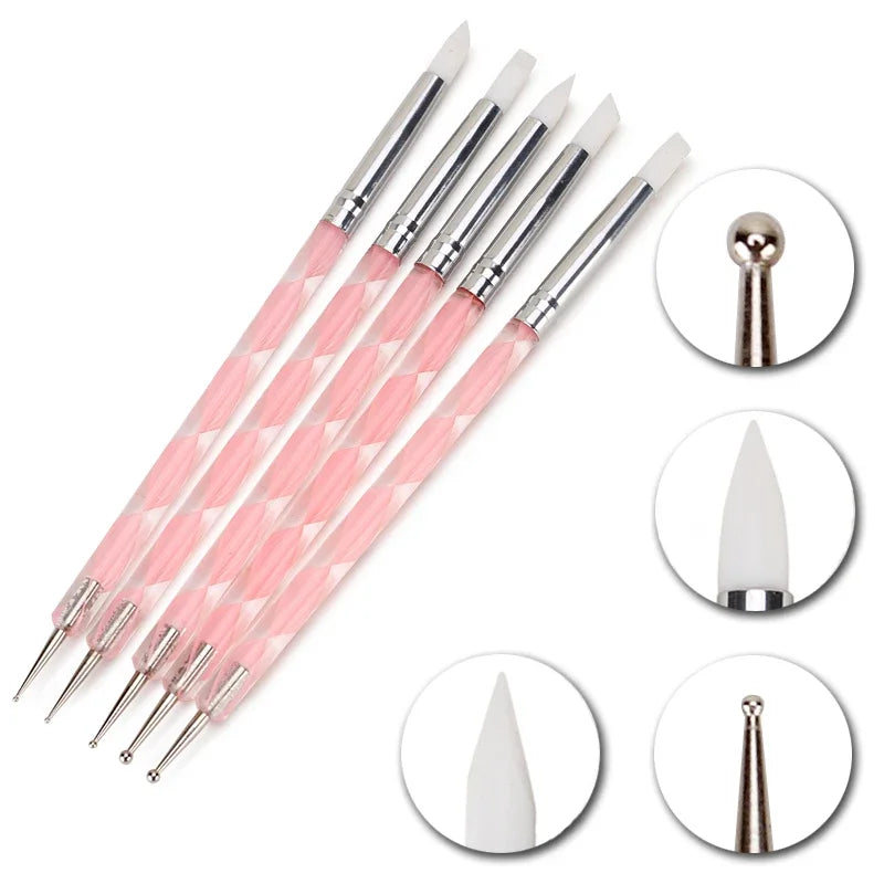 5Pcs 2 Way Nail Art Acrylic Silicone Point Flower Nail Pen Stainless