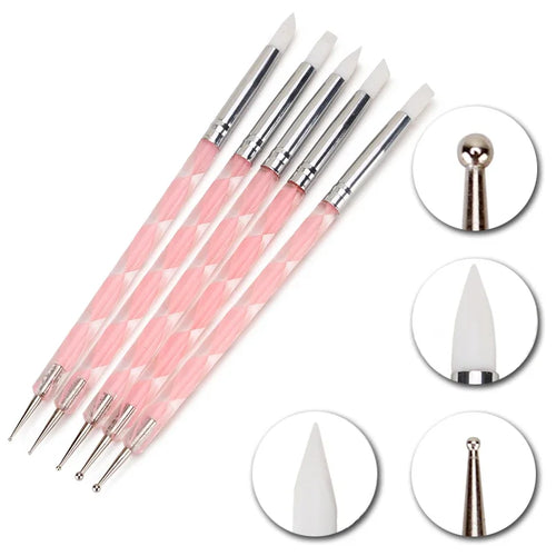 5Pcs 2 Way Nail Art Acrylic Silicone Point Flower Nail Pen Stainless
