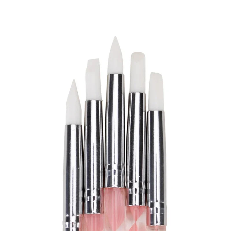 5Pcs 2 Way Nail Art Acrylic Silicone Point Flower Nail Pen Stainless