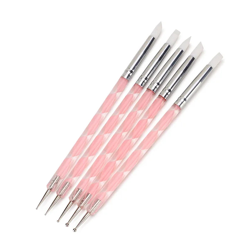 5Pcs 2 Way Nail Art Acrylic Silicone Point Flower Nail Pen Stainless