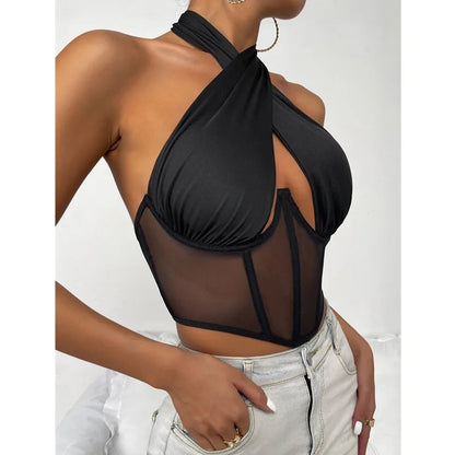 Sexy Cross Halter Corset Bustier Mesh Bone Tank Tops Women Tie Up Wrap Tube Tops Backless Slim Fit Cut Out Front Tops