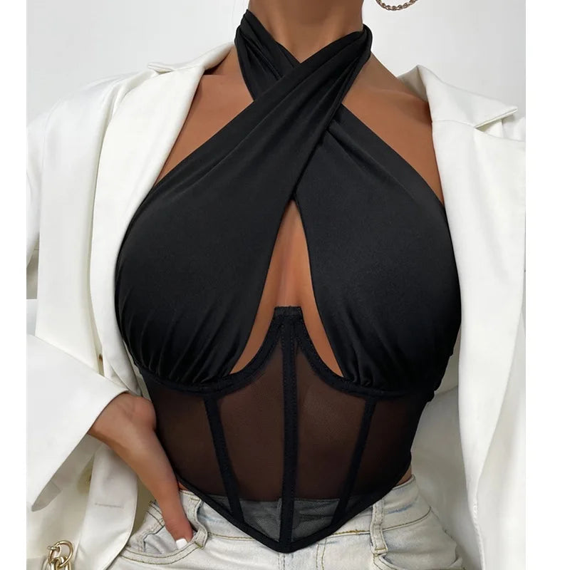 Sexy Cross Halter Corset Bustier Mesh Bone Tank Tops Women Tie Up Wrap Tube Tops Backless Slim Fit Cut Out Front Tops