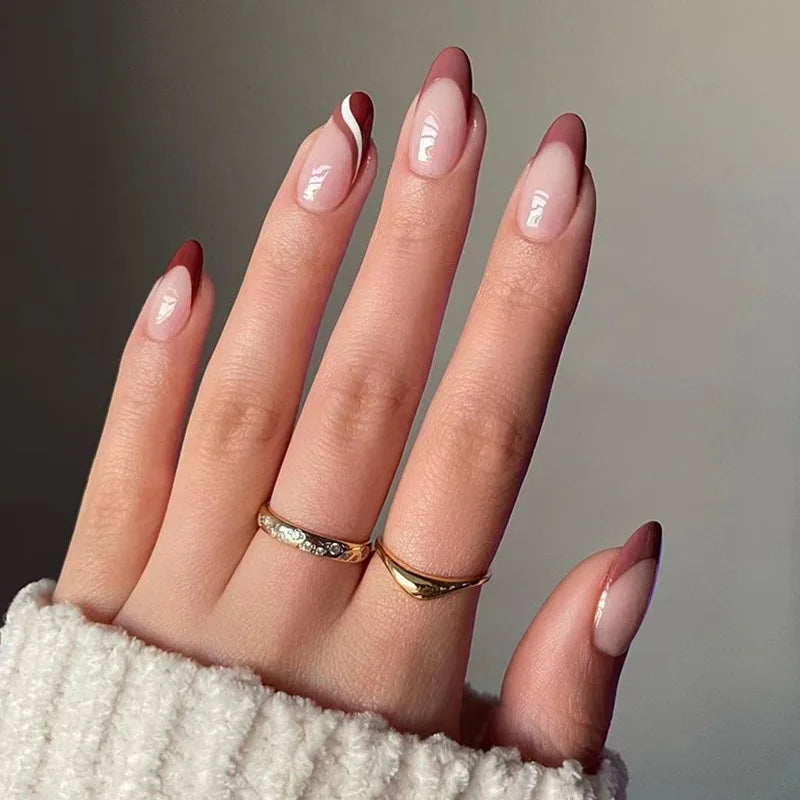 Fall Nails | Cute November Nails Brown Wave Tips Almond Winter Press On Nails 24 piece Set