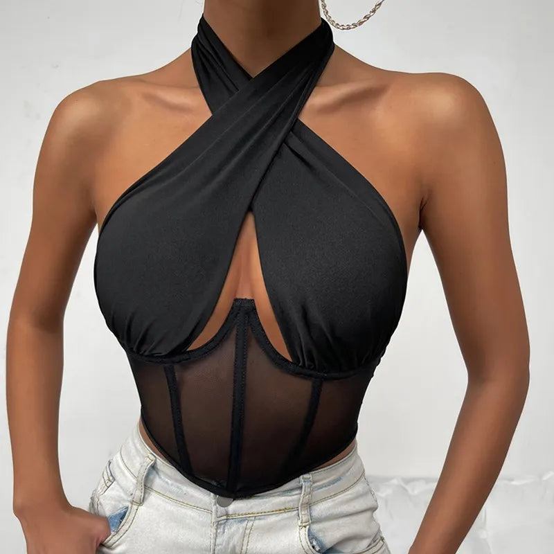 Sexy Cross Halter Corset Bustier Mesh Bone Tank Tops Women Tie Up Wrap Tube Tops Backless Slim Fit Cut Out Front Tops