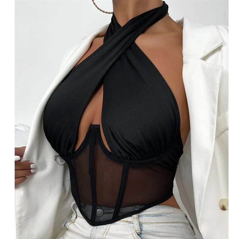 Sexy Cross Halter Corset Bustier Mesh Bone Tank Tops Women Tie Up Wrap Tube Tops Backless Slim Fit Cut Out Front Tops