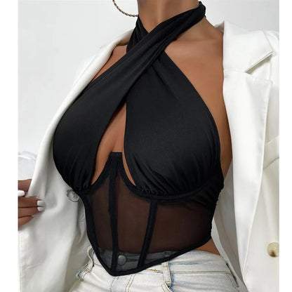 Sexy Cross Halter Corset Bustier Mesh Bone Tank Tops Women Tie Up Wrap Tube Tops Backless Slim Fit Cut Out Front Tops