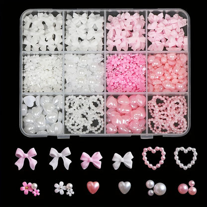 500PCS 3D Nail Art Decoration Kit with Resin Bows, Flat Back Pearls,