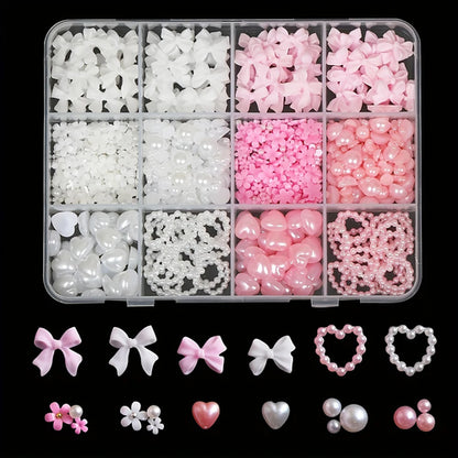 500PCS 3D Nail Art Decoration Kit with Resin Bows, Flat Back Pearls,