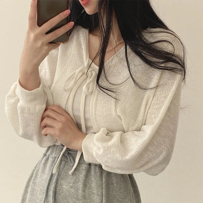 Lucyever White Knitted Cardigan Women Summer Thin Sunscreen Lace-Up Knitwear Tops Female Korean Style Lantern Sleeve Short Coat