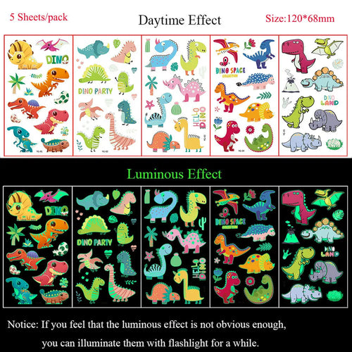 5 Sheets Luminous Tattoo Stickers Temporary Colorful Animal Dinosaur