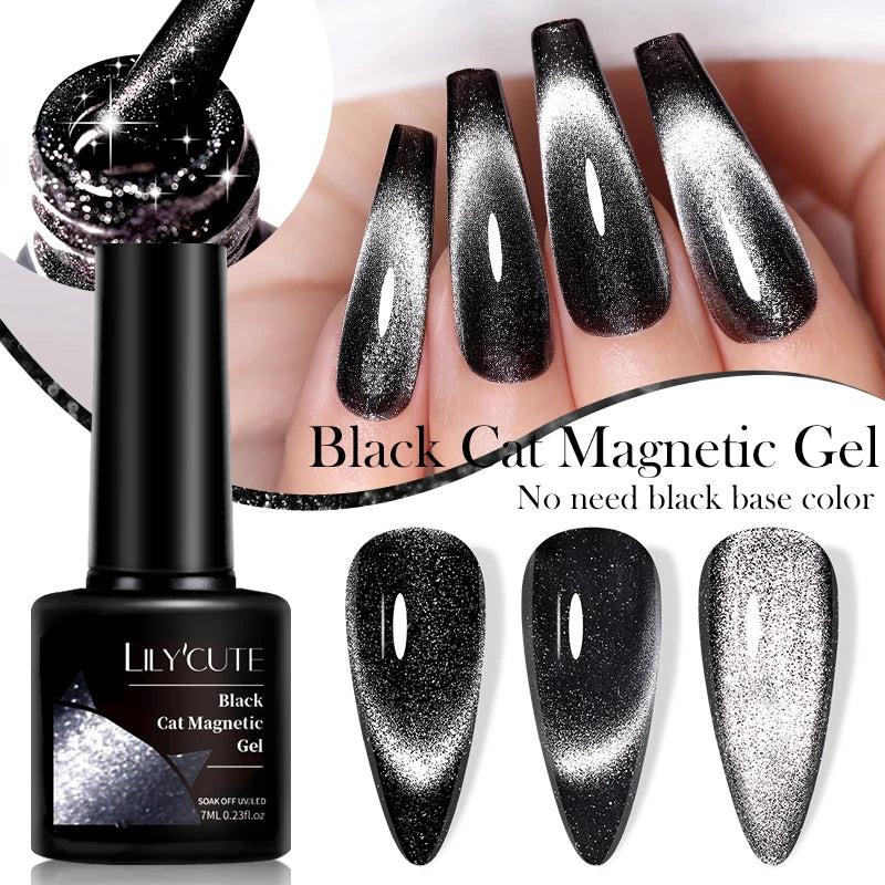 LILYCUTE 7ML Black Crystal Cat Magnetic Gel Sparkling Glitter Gel Nail
