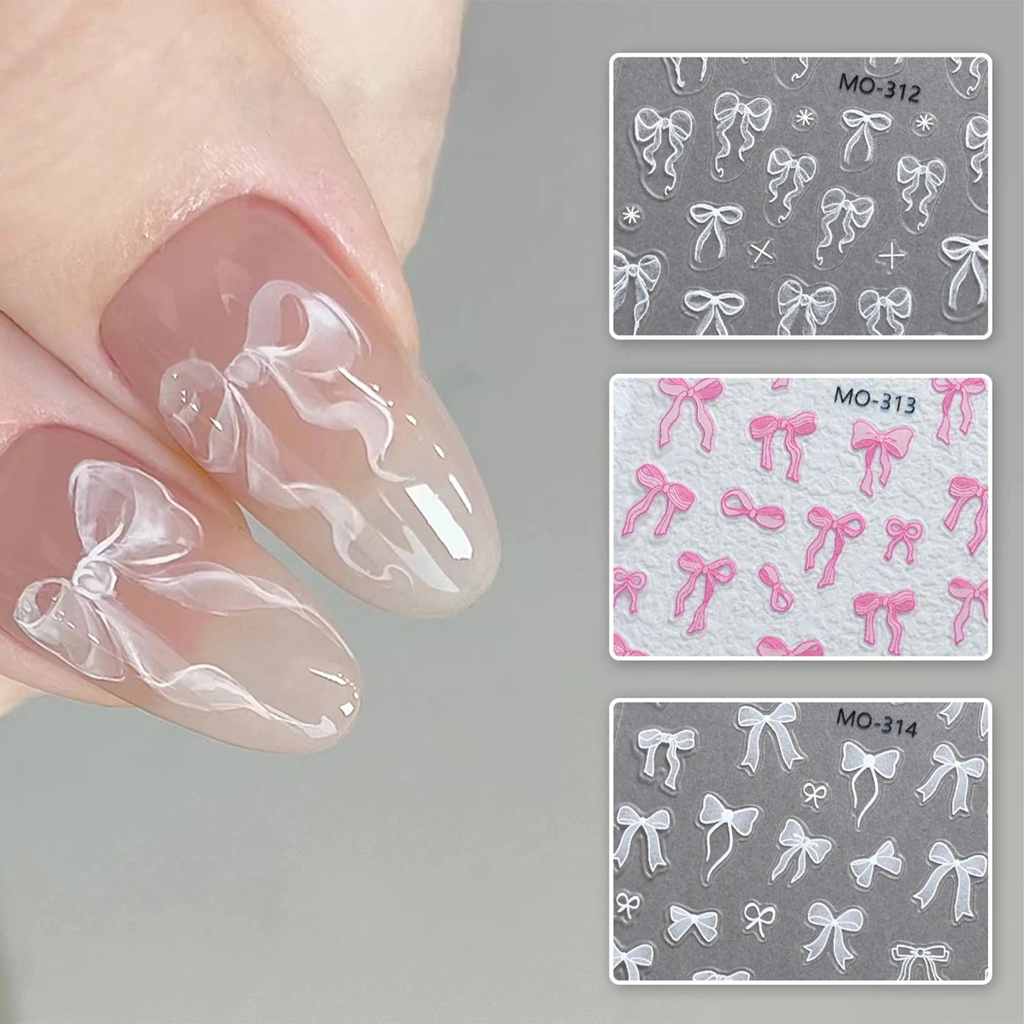 Bowknot Nail Stickers 3D Relief White Ribbon Cute Sweet Pink