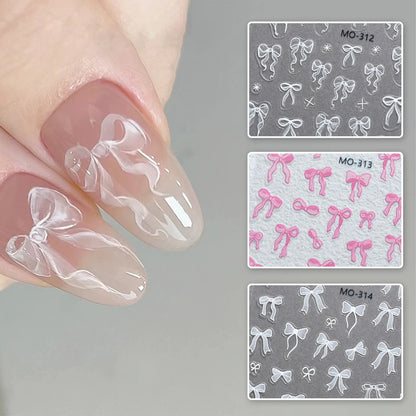 Bowknot Nail Stickers 3D Relief White Ribbon Cute Sweet Pink