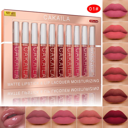 10pcs/set Nude Lip Gloss Matte Velvet Lipstick Waterproof Long-lasting