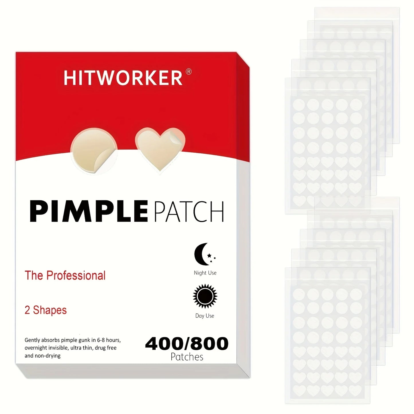 400/800pcs HITWORKER Hydrocolloid Acne Patches, 2 Sizes, Day & Night