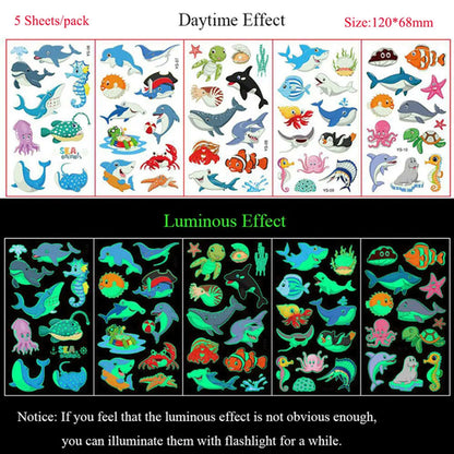 5 Sheets Luminous Tattoo Stickers Temporary Colorful Animal Dinosaur