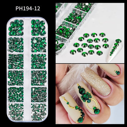 12Grids SS6-SS30 Mixed Nail Rhinestones Shiny Clear/Gold/Pink/Blue