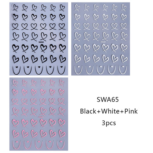 3pcs Valentine's Day Nail Art Stickers 3D Black White Pink Lines Love