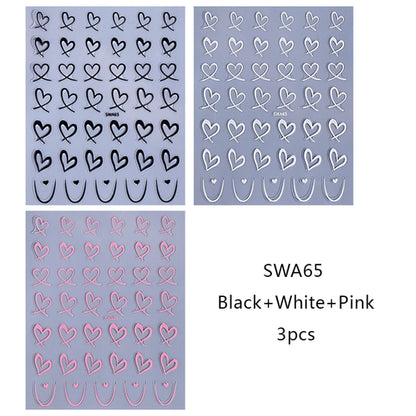 3pcs Valentine's Day Nail Art Stickers 3D Black White Pink Lines Love
