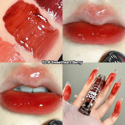 PINKCOCO Bear Doodle Mirror Lip Glaze — Long-Lasting Shiny Lip Gloss,