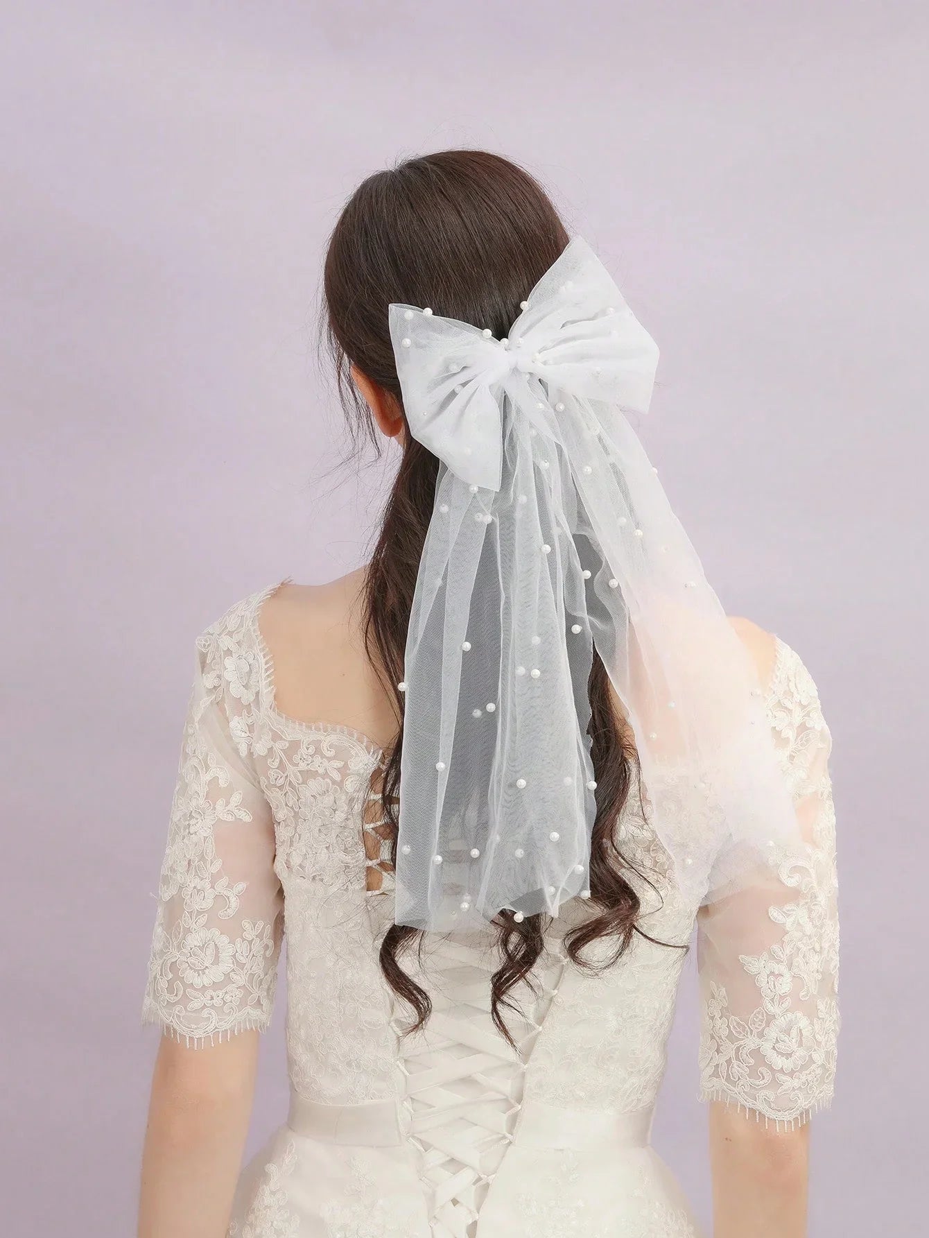 Elegant Bridal Wedding Headdress White Mesh Headpiece Imitation Pearl Bow Short Veil Back Head Decor Hair Accessories