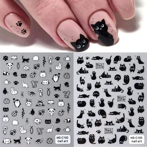 2pcs Black Cat Nail Stickers 3D Cute Cartoon Animal 3D Self-Adhesive