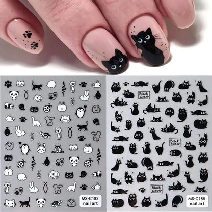 2pcs Black Cat Nail Stickers 3D Cute Cartoon Animal 3D Self-Adhesive