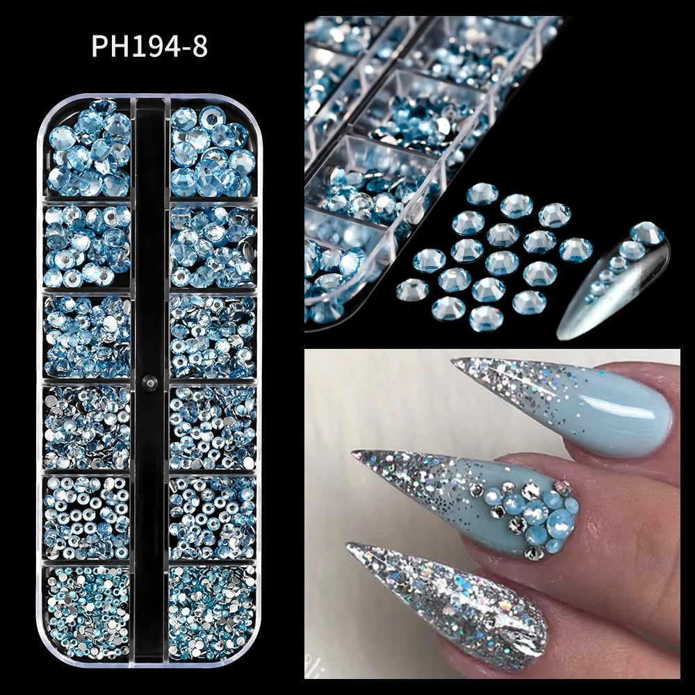 12Grids SS6-SS30 Mixed Nail Rhinestones Shiny Clear/Gold/Pink/Blue