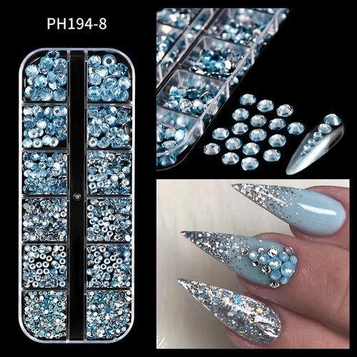 12Grids SS6-SS30 Mixed Nail Rhinestones Shiny Clear/Gold/Pink/Blue