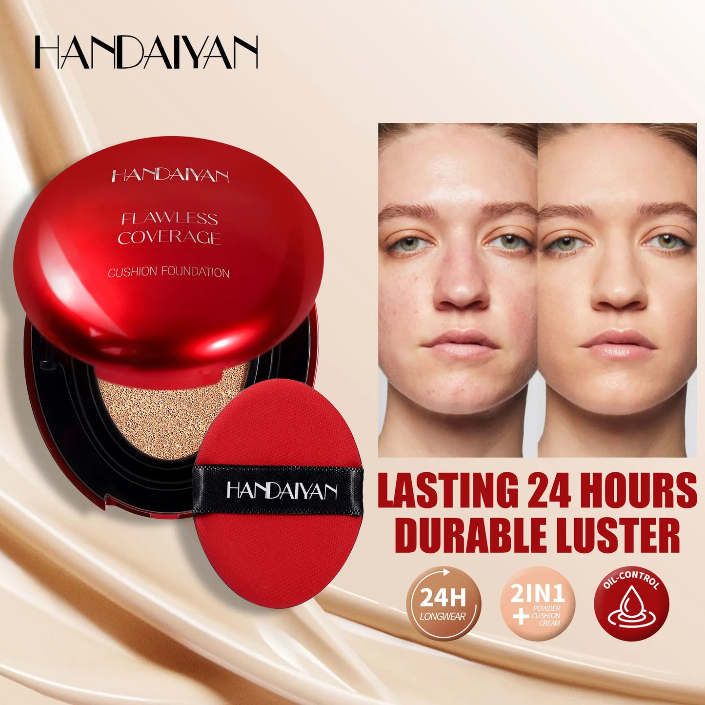 handaiyan Puff + Concealer Red Shell Foundation Natural Finish
