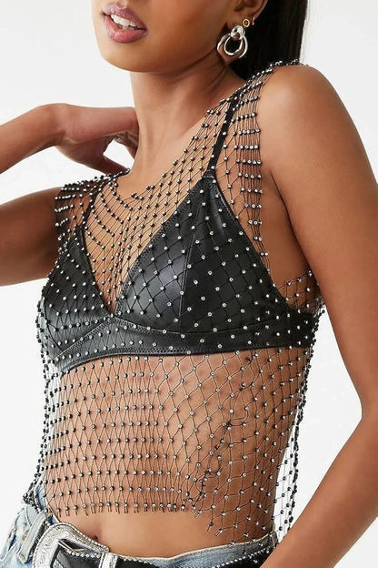 Sexy Shiny Rhinestone Fishnet Women Y2K Tank Tops See Through Crop Top Summer Beach Cover Up Tops Party Nightclub Women Clothing