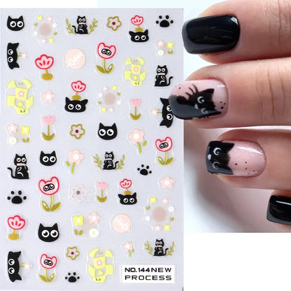 2pcs Black Cat Nail Stickers 3D Cute Cartoon Animal 3D Self-Adhesive